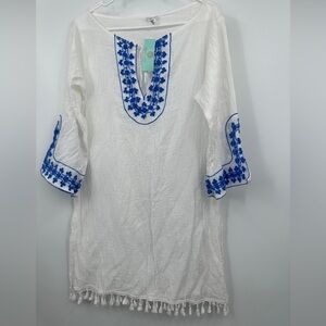 Debbie Katz Embroidered White Blue Cotton Gauze Cover-up Tunic Dress Size L